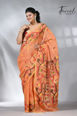 Orange with tradtional dhakai linen handwoven jamdani saree