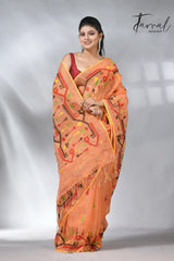Orange with tradtional dhakai linen handwoven jamdani saree