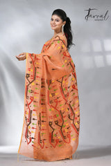 Orange with tradtional dhakai linen handwoven jamdani saree