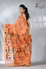 Orange with tradtional dhakai linen handwoven jamdani saree