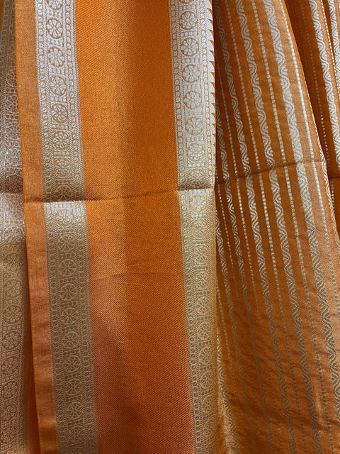 Orange with golden zari tissue handloom banarasi silk saree