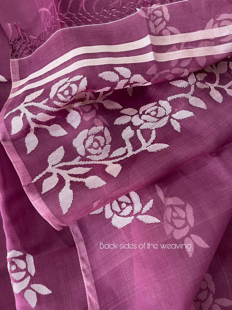 Orchid purple with white rose motifs handwoven muslin silk jamdani saree - Tamal Boutique