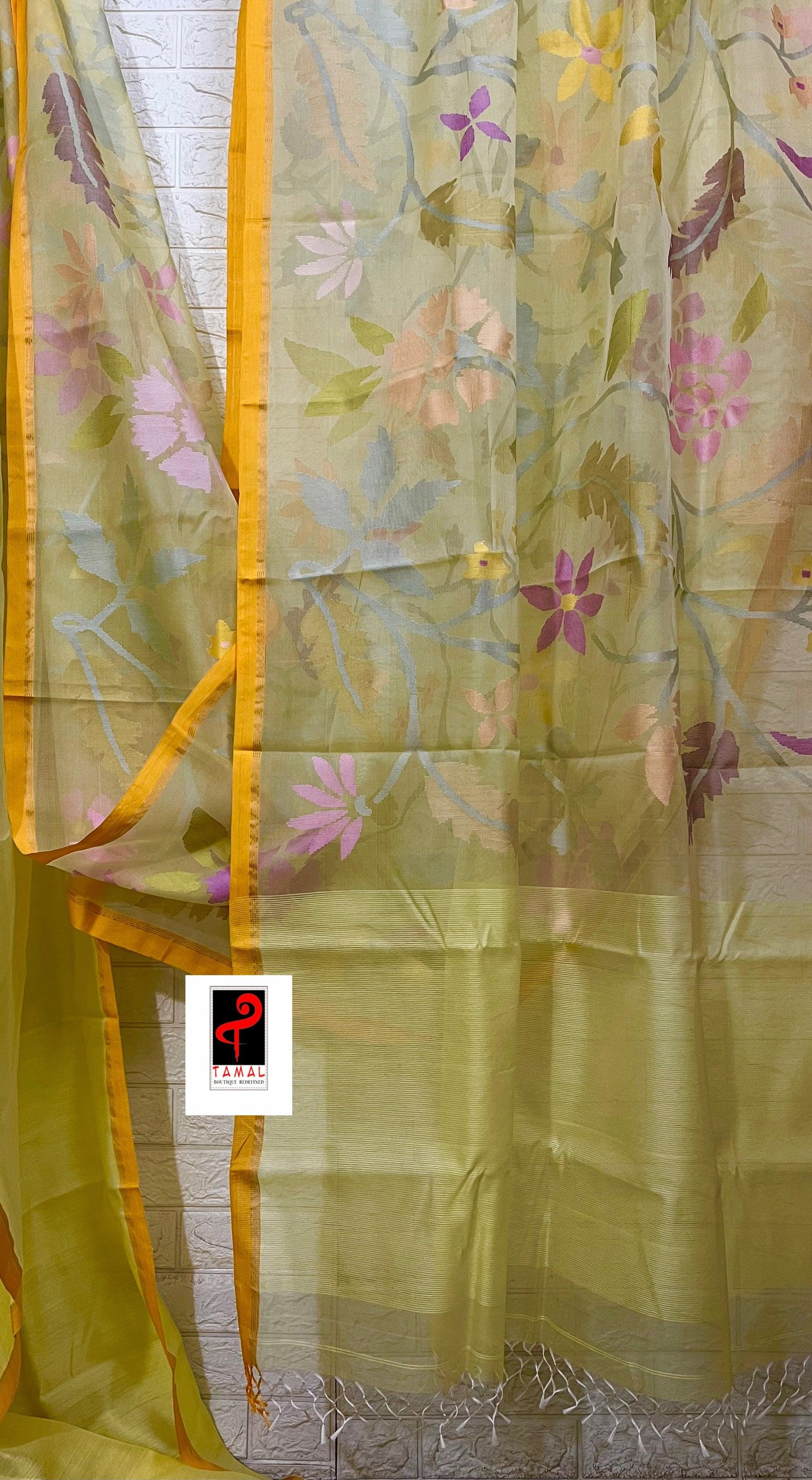 Pale yellow with multi colour muslin silk allover floral handwoven jamdani saree - Tamal Boutique