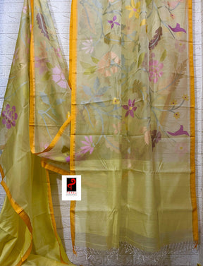 Pale yellow with multi colour muslin silk allover floral handwoven jamdani saree - Tamal Boutique