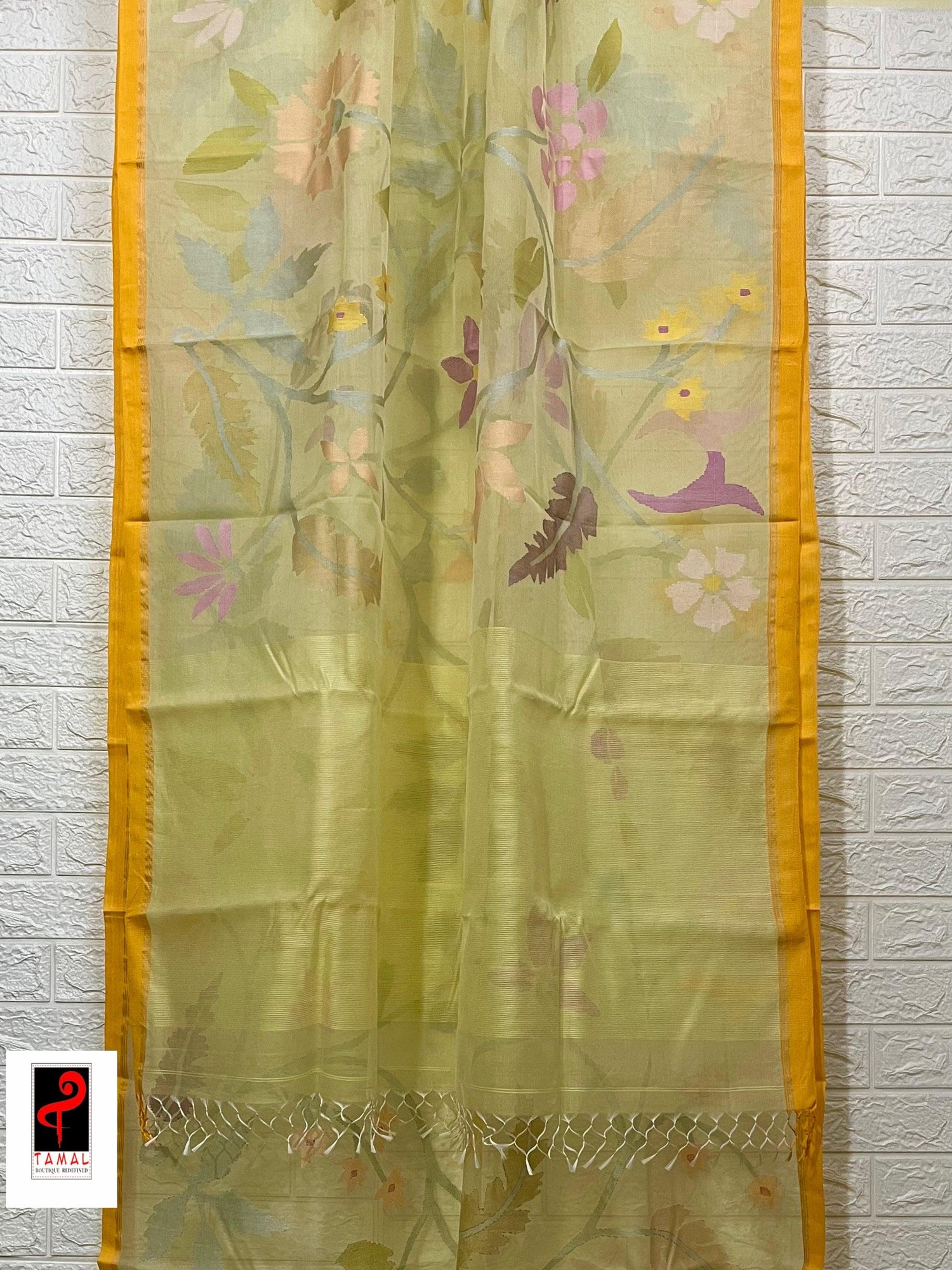 Pale yellow with multi colour muslin silk allover floral handwoven jamdani saree - Tamal Boutique