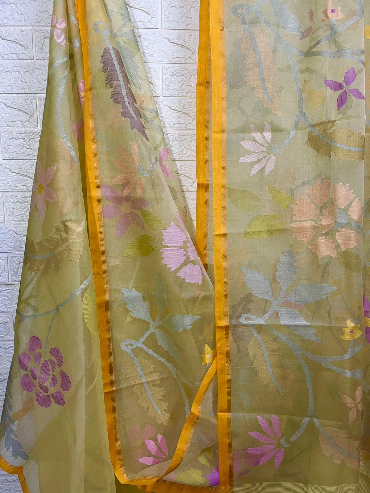 Pale yellow with multi colour muslin silk allover floral handwoven jamdani saree - Tamal Boutique