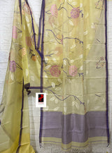 Pale yellow with purple border allover rose motifs handwoven musli silk jamdani saree - Tamal Boutique