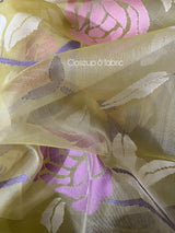 Pale yellow with purple border allover rose motifs handwoven musli silk jamdani saree - Tamal Boutique