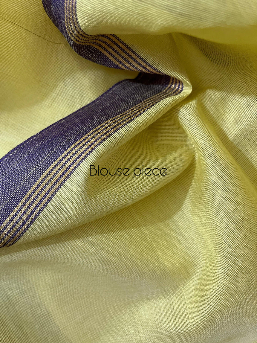 Pale yellow with purple border allover rose motifs handwoven musli silk jamdani saree - Tamal Boutique