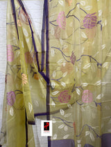 Pale yellow with purple border allover rose motifs handwoven musli silk jamdani saree - Tamal Boutique