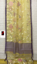 Pale yellow with purple border allover rose motifs handwoven musli silk jamdani saree - Tamal Boutique