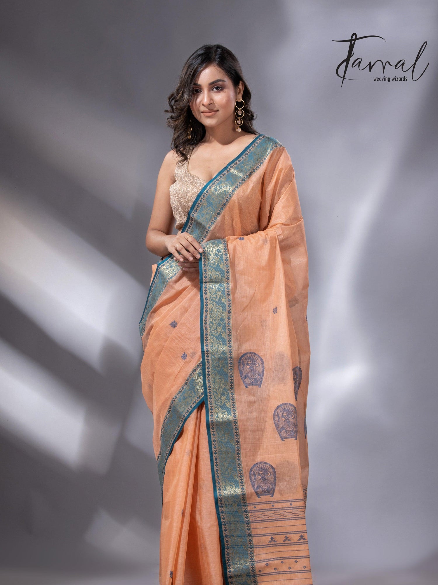 Peach & Firoza Harmony Tussar Tangail Handloom Saree
