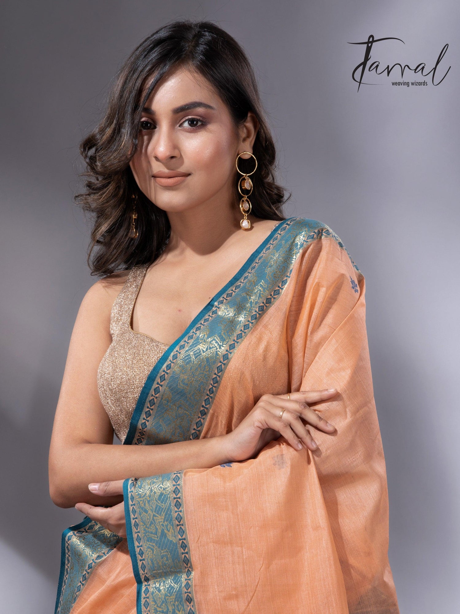 Peach & Firoza Harmony Tussar Tangail Handloom Saree1