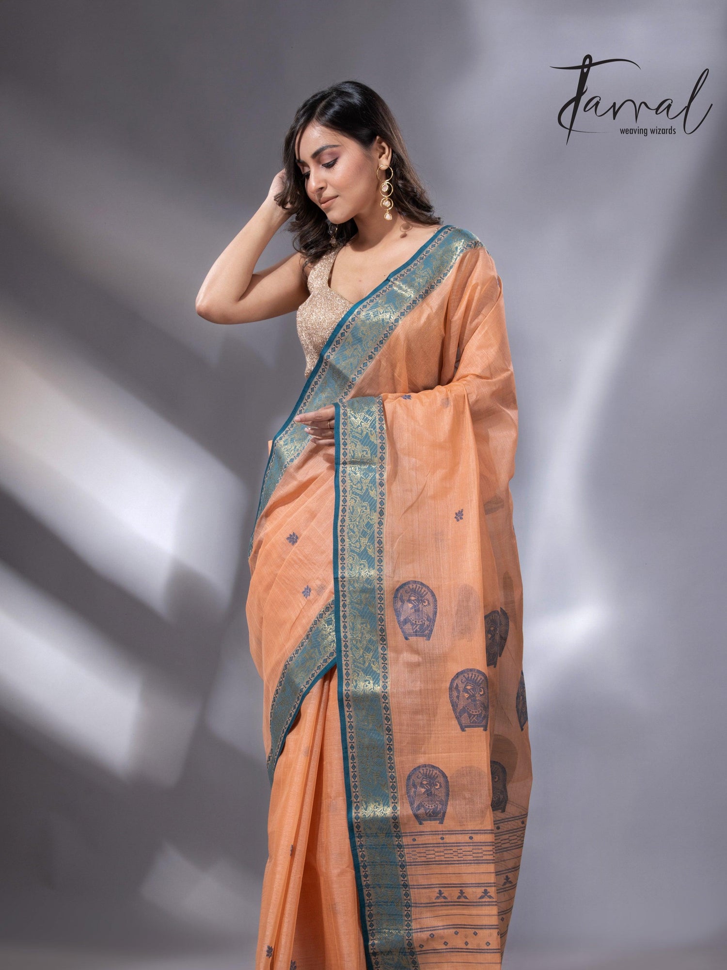 Peach & Firoza Harmony Tussar Tangail Handloom Saree2