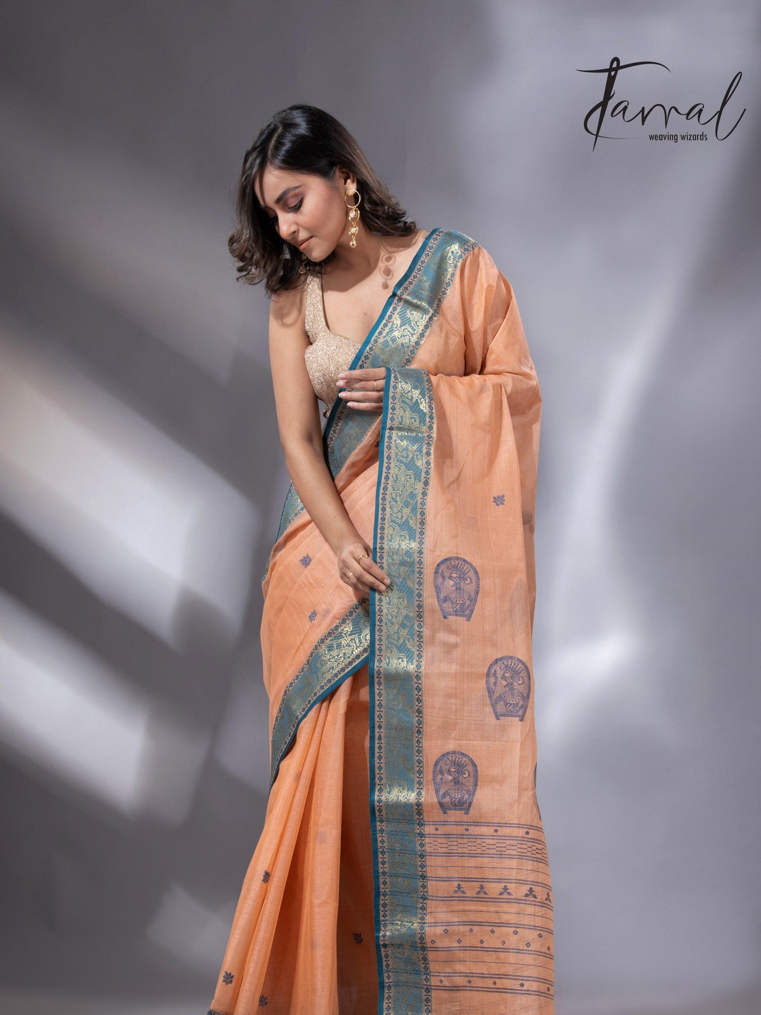 Peach & Firoza Harmony Tussar Tangail Handloom Saree5