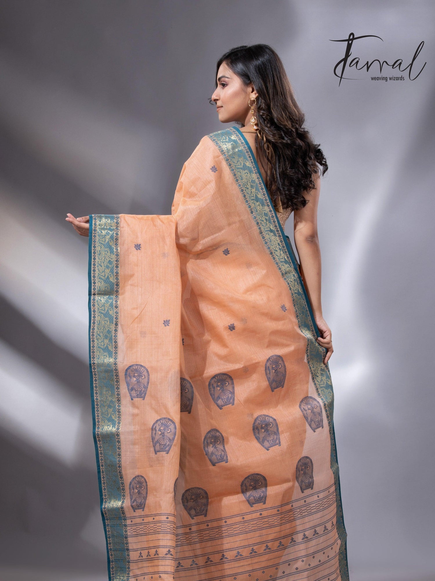 Peach & Firoza Harmony Tussar Tangail Handloom Saree back