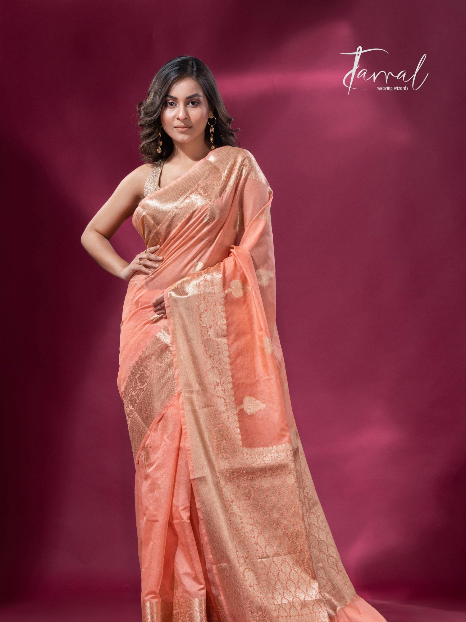 Peach and with golden zari work organza Banarasi silk saree