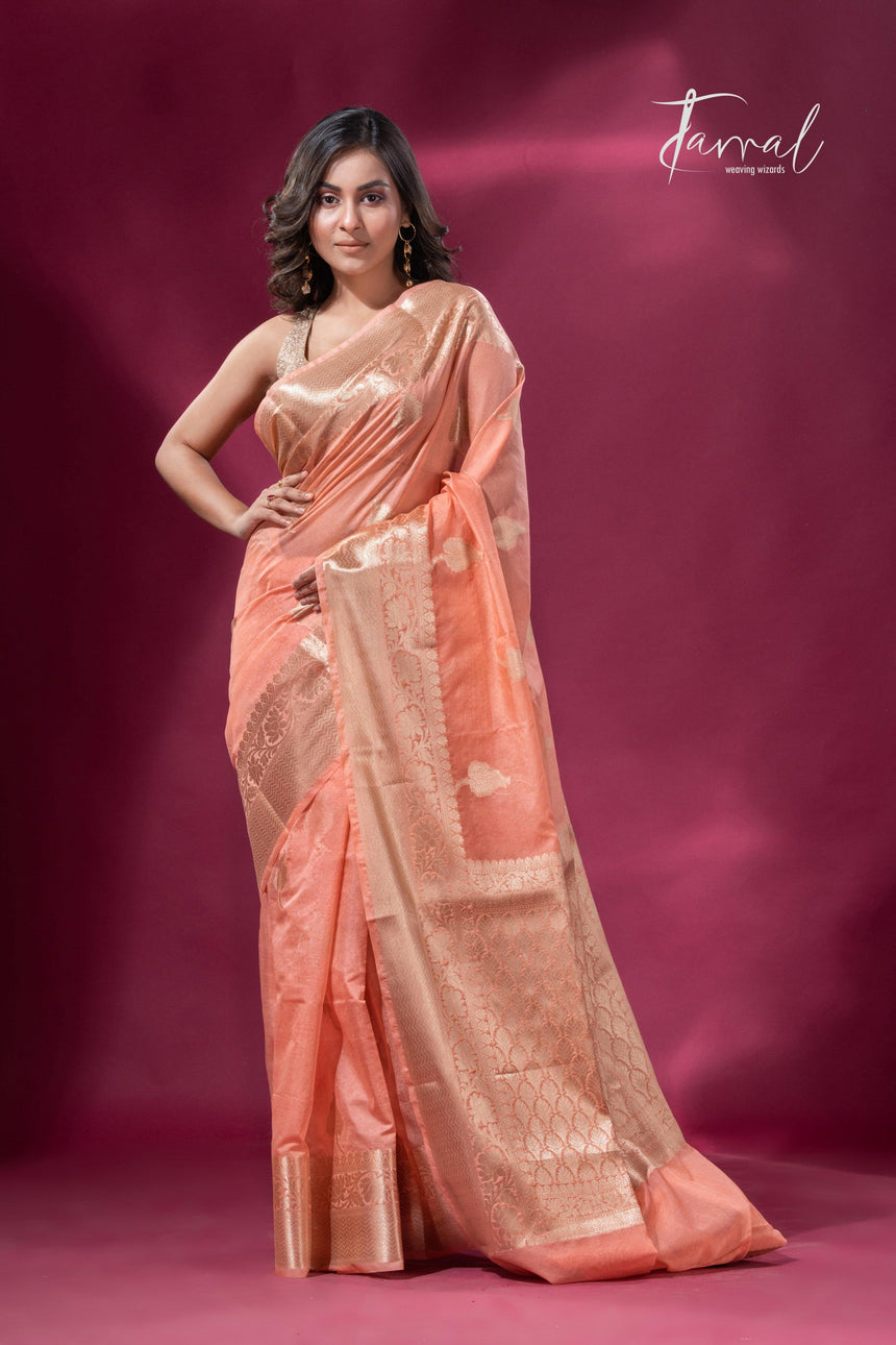 Peach and with golden zari work organza Banarasi silk saree