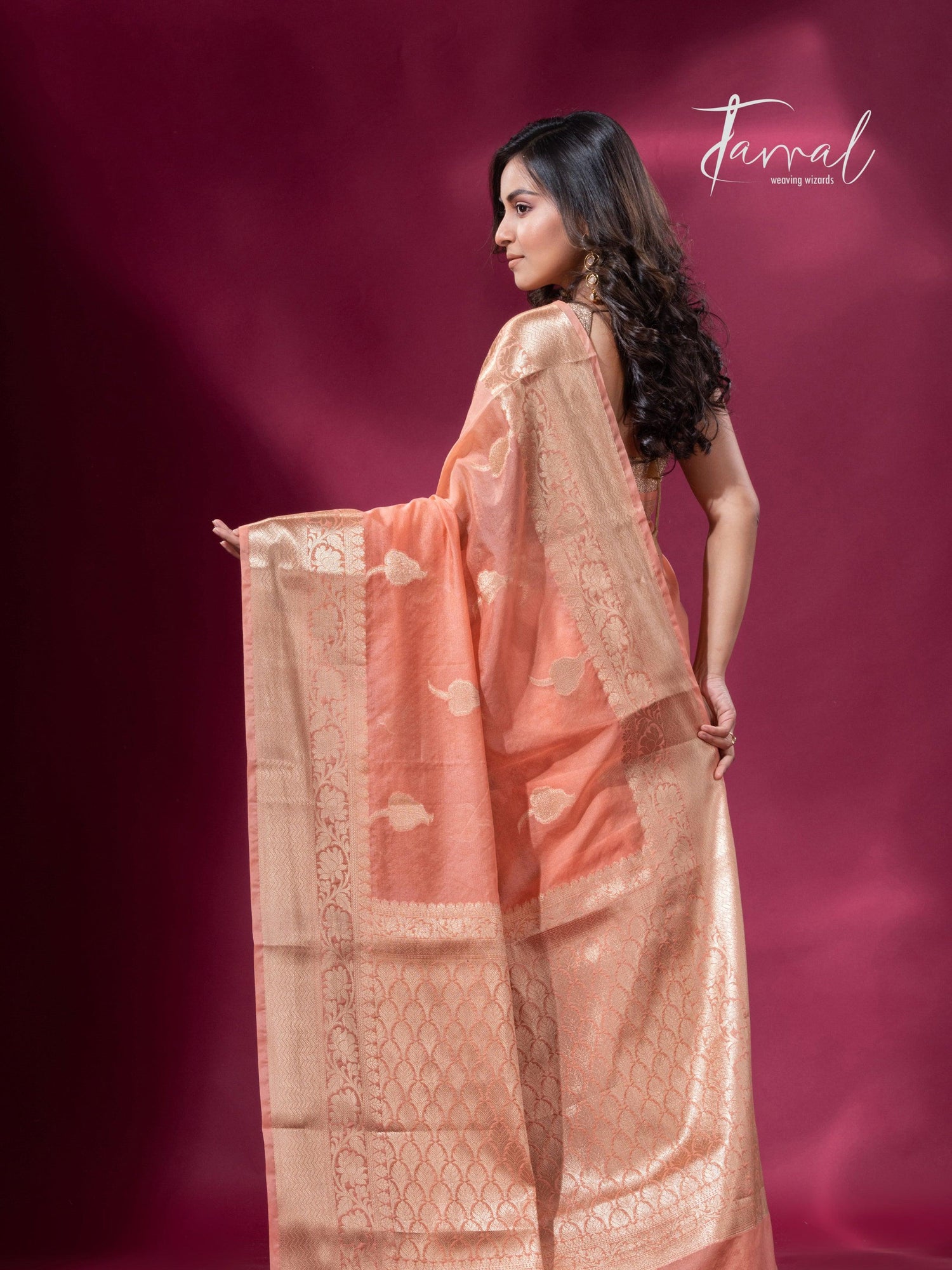 Peach and with golden zari work organza Banarasi silk saree back