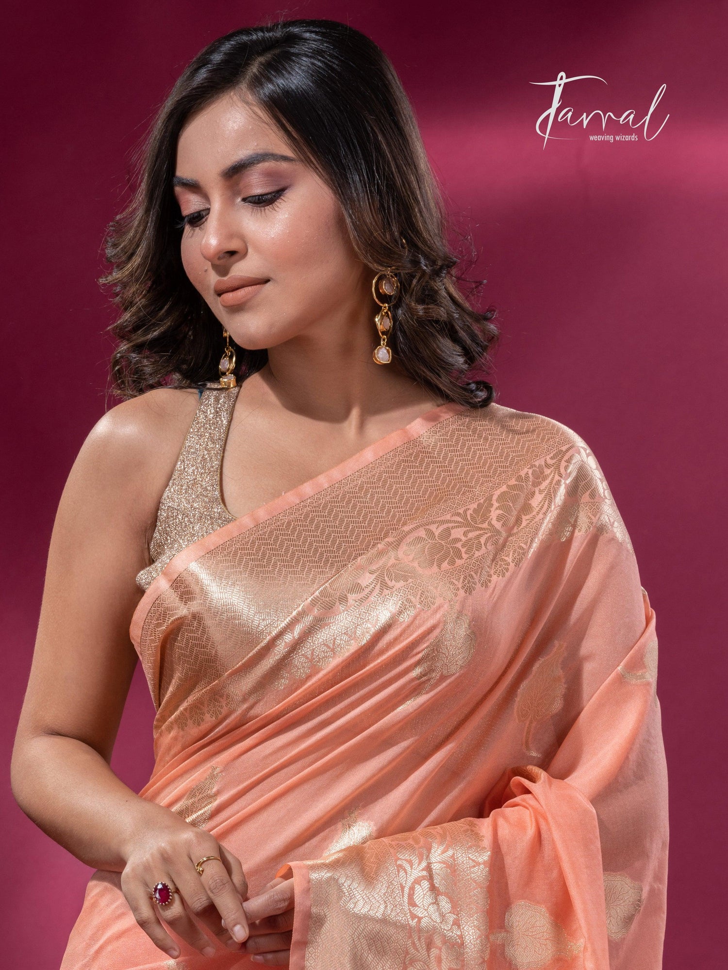 Peach and with golden zari work organza Banarasi silk saree cls