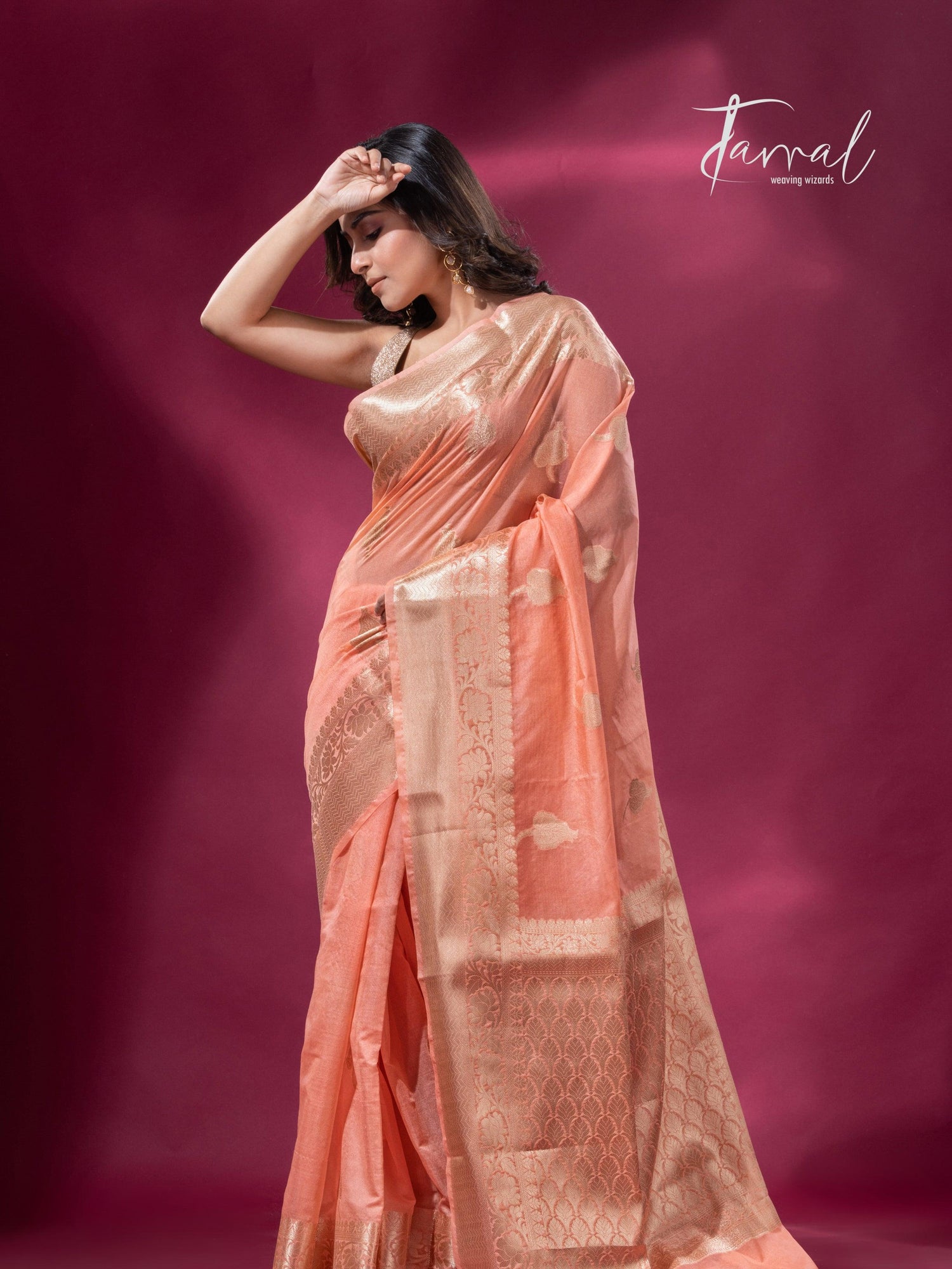 Peach and with golden zari work organza Banarasi silk saree full