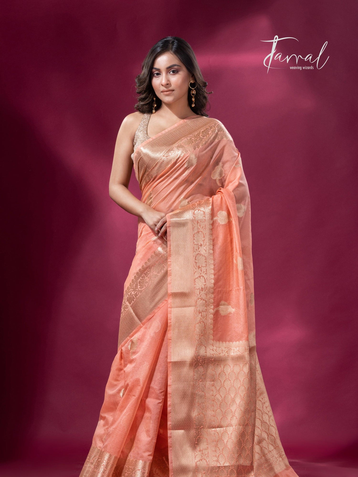 Peach and with golden zari work organza Banarasi silk saree full1