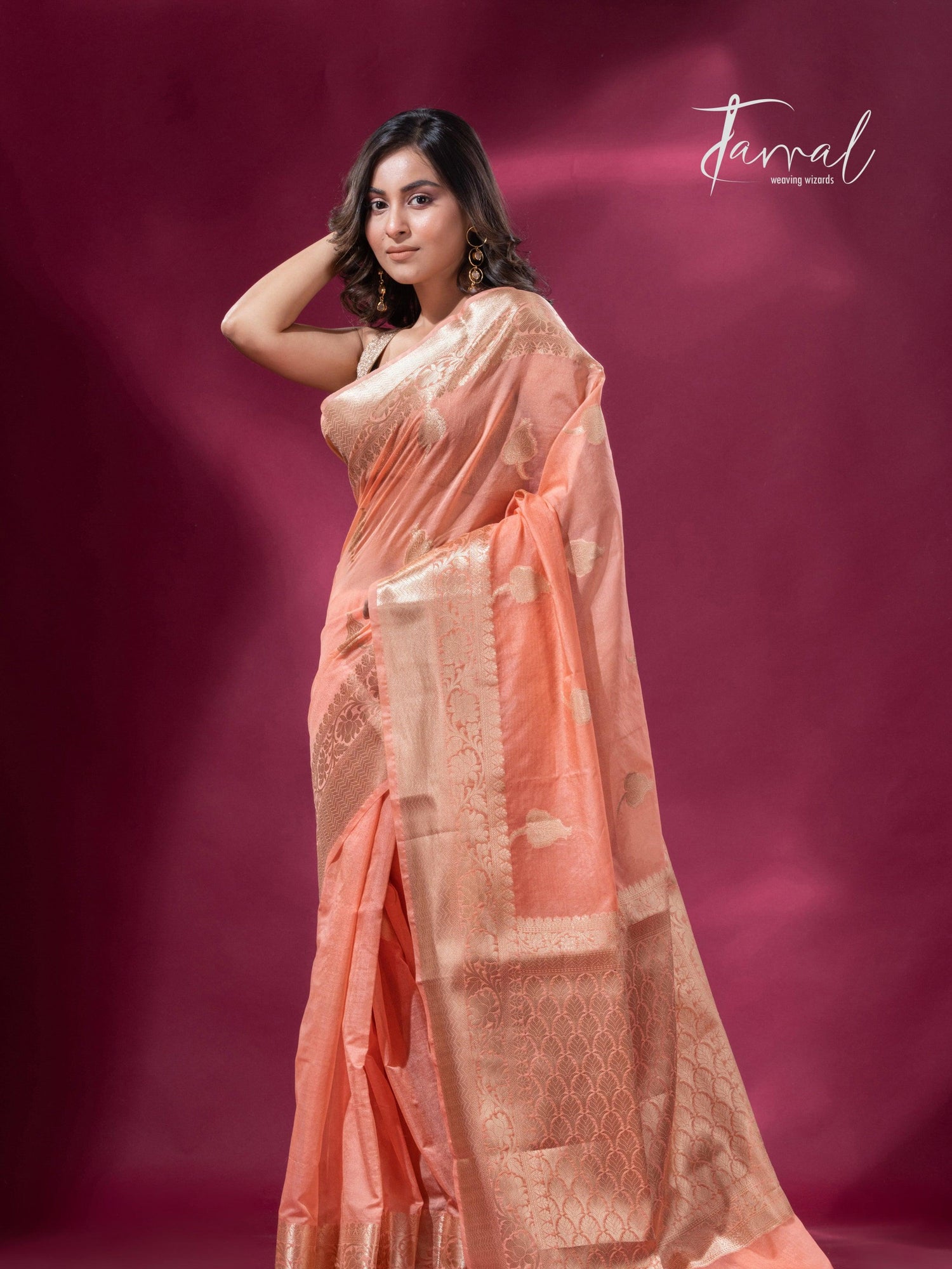 Peach and with golden zari work organza Banarasi silk saree right