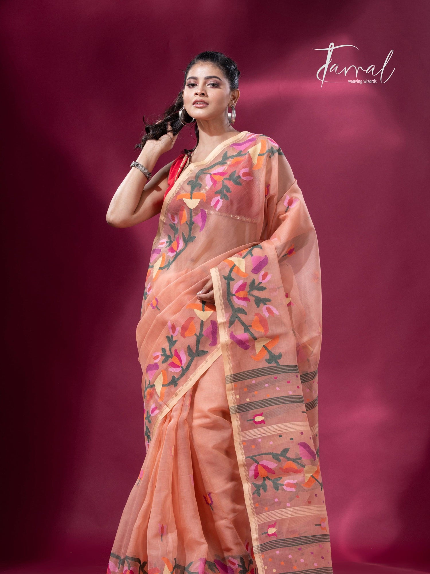 Peach colour kalmilata floral handwoven muslin silk jamdani saree - Tamal Boutique