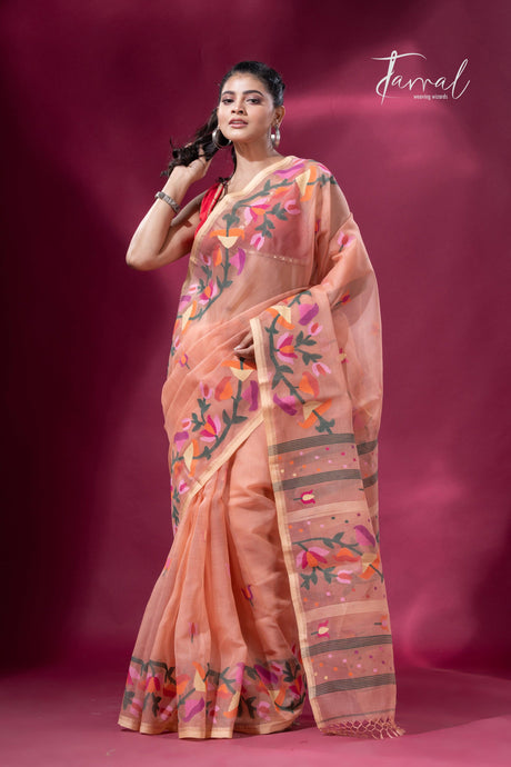Peach colour kalmilata floral handwoven muslin silk jamdani saree - Tamal Boutique