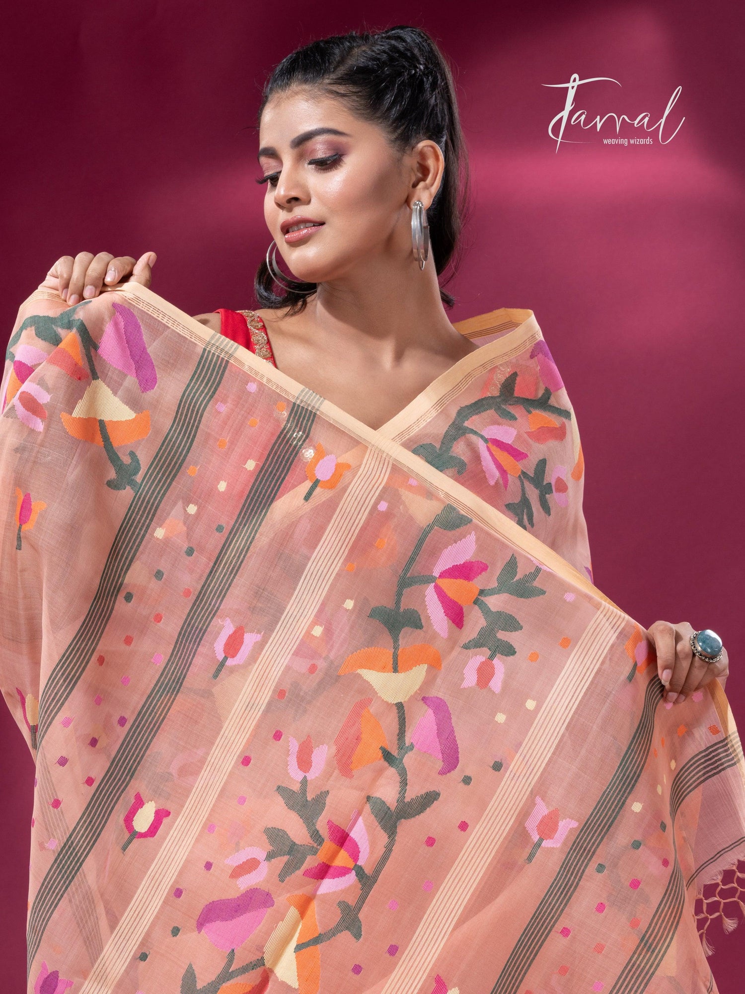 Peach colour kalmilata floral handwoven muslin silk jamdani saree - Tamal Boutique