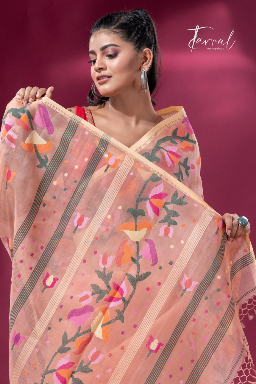 Peach colour kalmilata floral handwoven muslin silk jamdani saree - Tamal Boutique