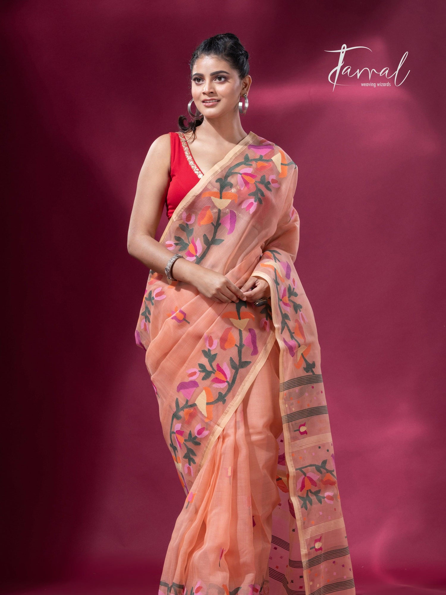 Peach colour kalmilata floral handwoven muslin silk jamdani saree - Tamal Boutique