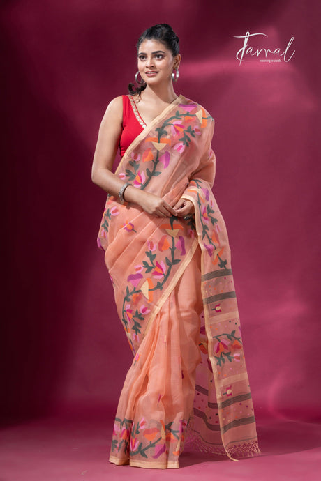Peach colour kalmilata floral handwoven muslin silk jamdani saree - Tamal Boutique