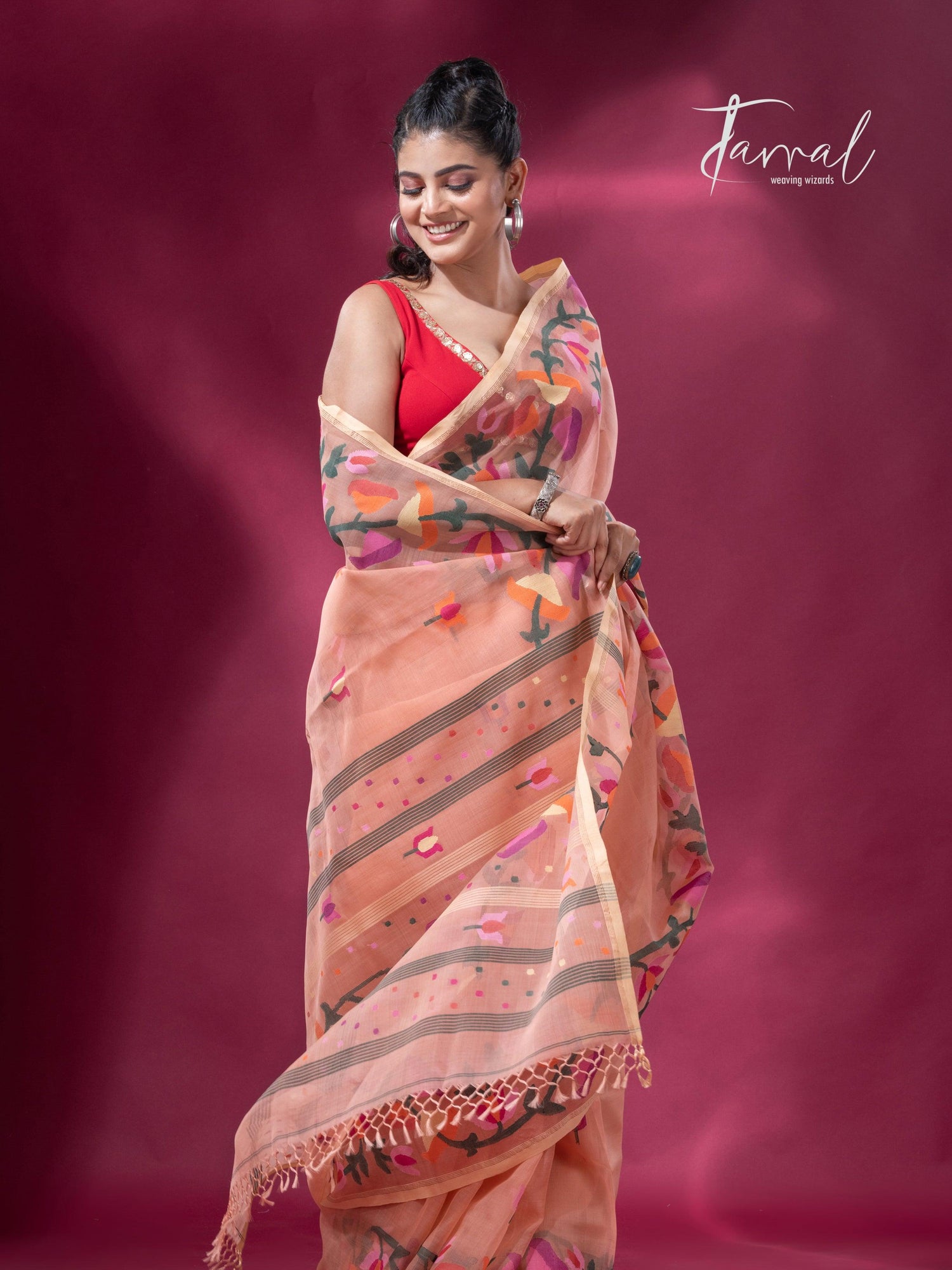 Peach colour kalmilata floral handwoven muslin silk jamdani saree - Tamal Boutique