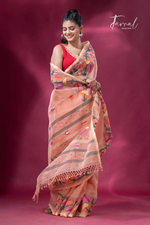 Peach colour kalmilata floral handwoven muslin silk jamdani saree - Tamal Boutique