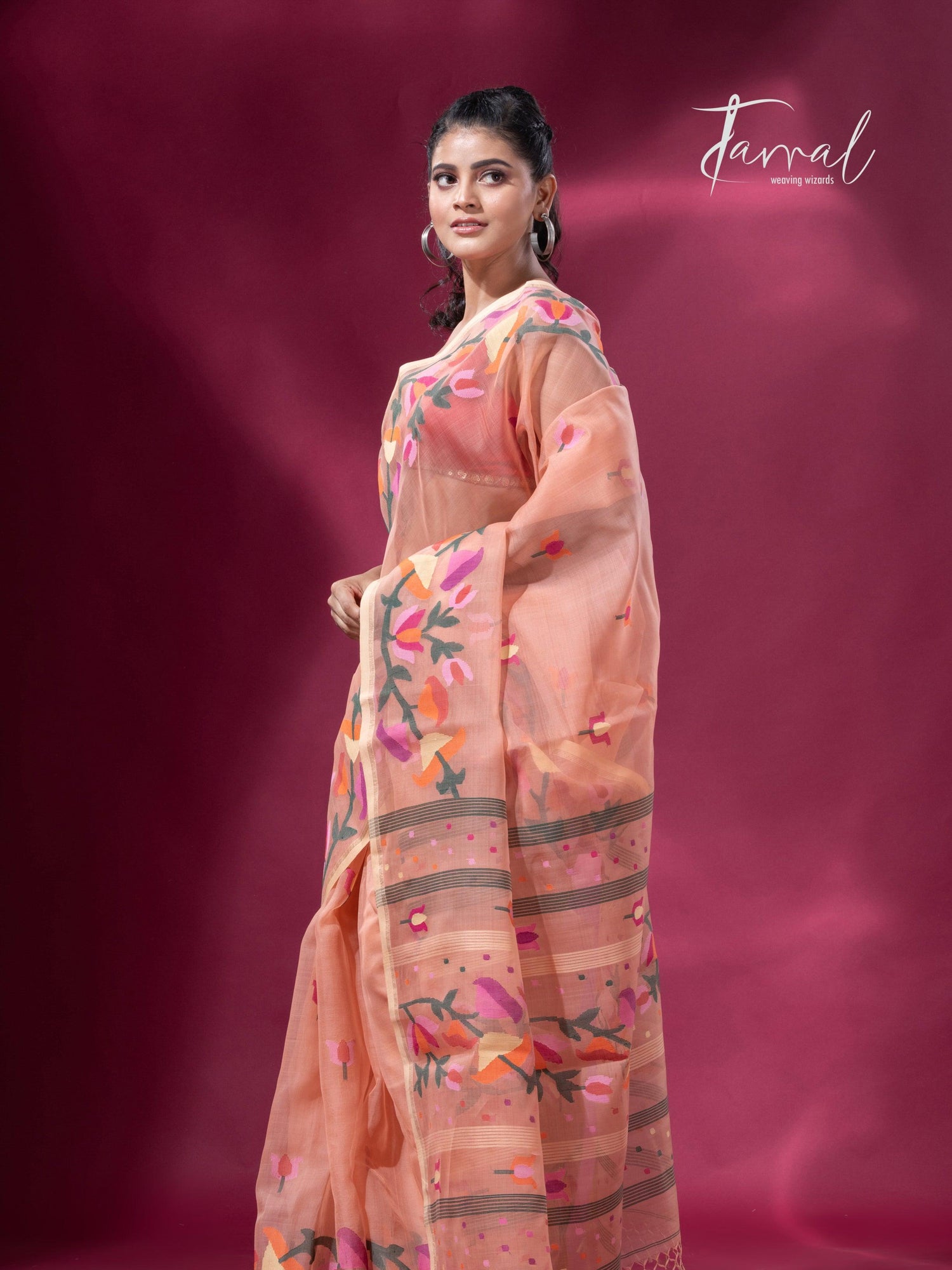 Peach colour kalmilata floral handwoven muslin silk jamdani saree - Tamal Boutique
