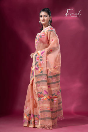 Peach colour kalmilata floral handwoven muslin silk jamdani saree - Tamal Boutique