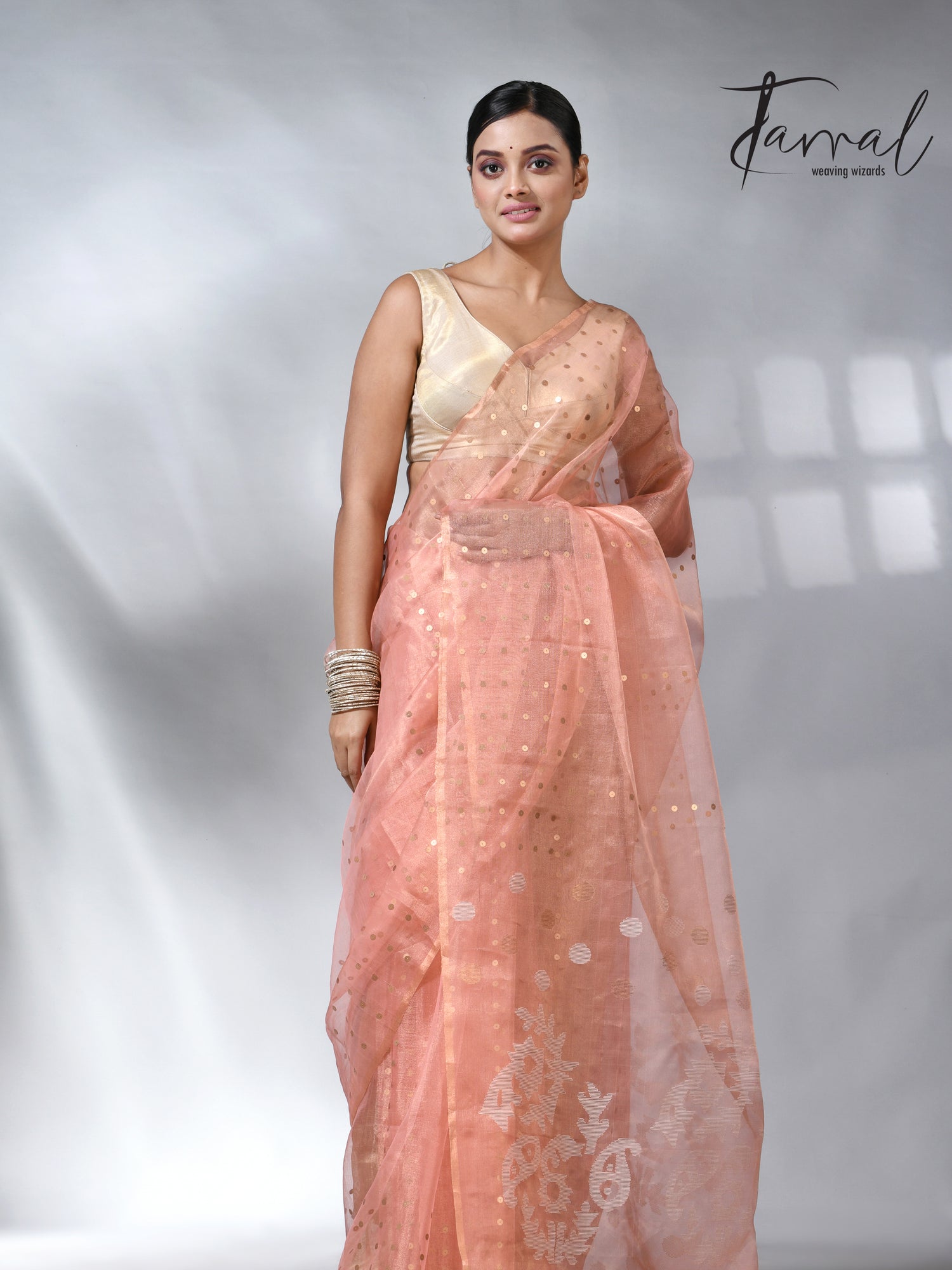 Peach colour sequins tissue muslin handwoven jamdani saree