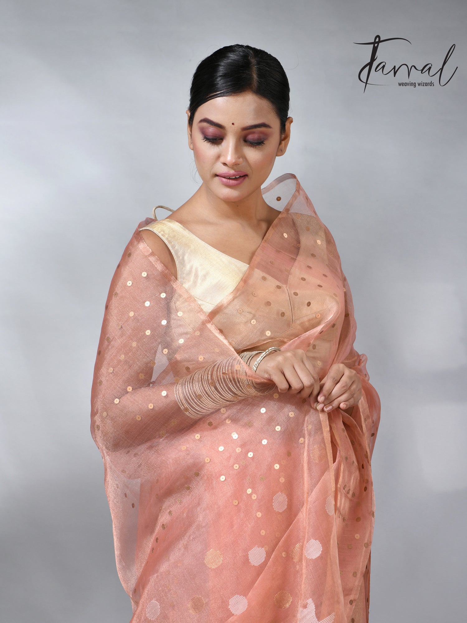 Peach colour sequins tissue muslin handwoven jamdani saree