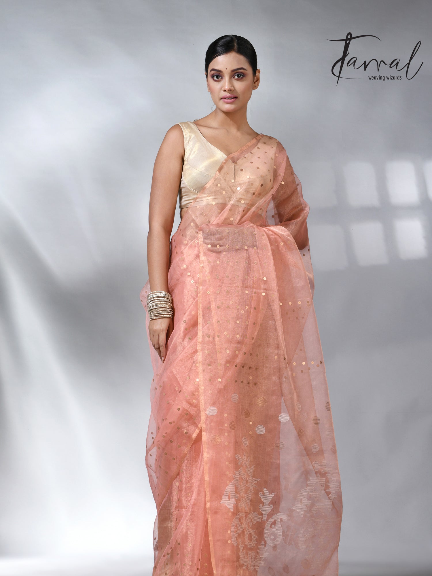 Peach colour sequins tissue muslin handwoven jamdani saree