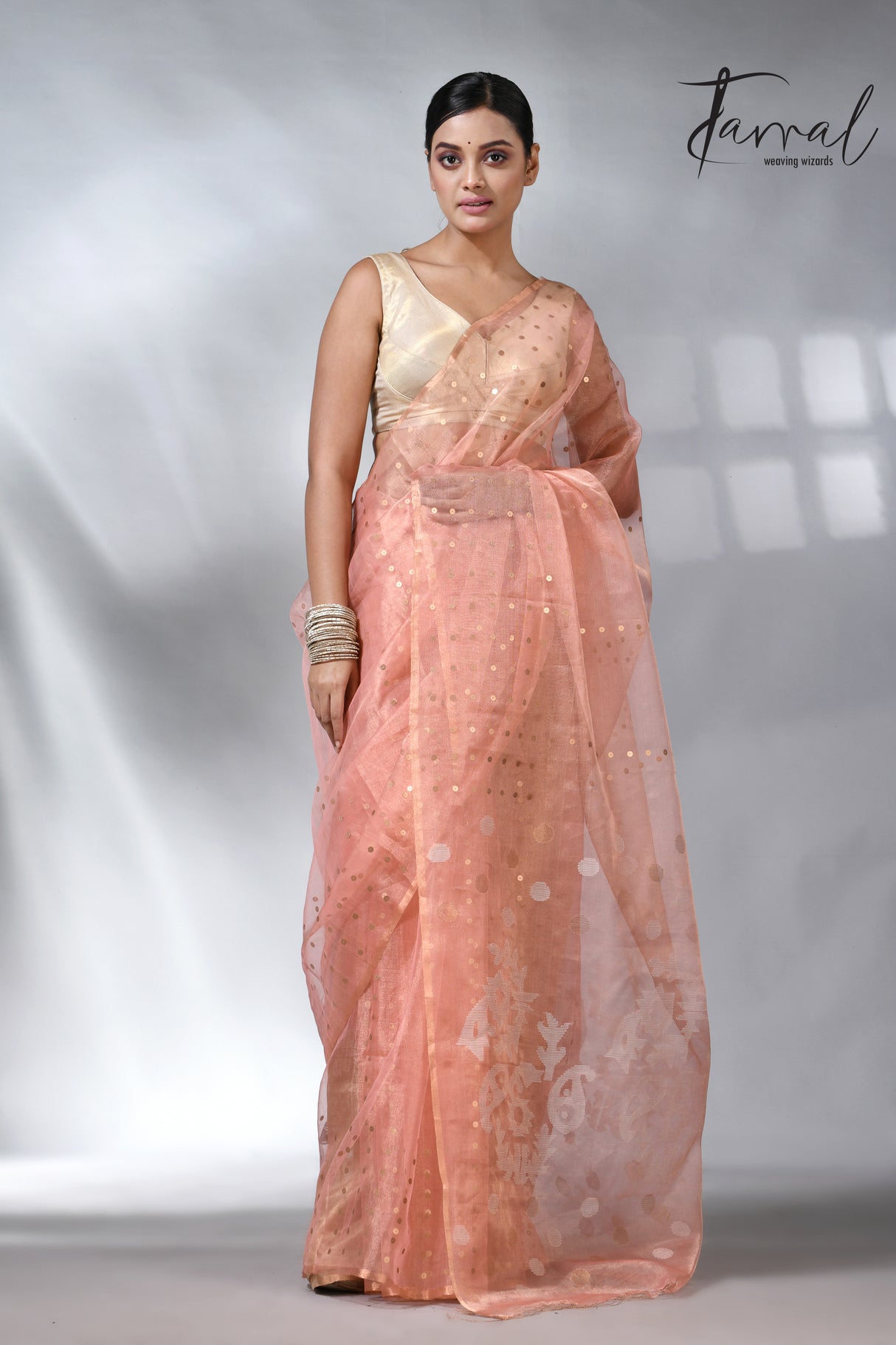 Peach colour sequins tissue muslin handwoven jamdani saree
