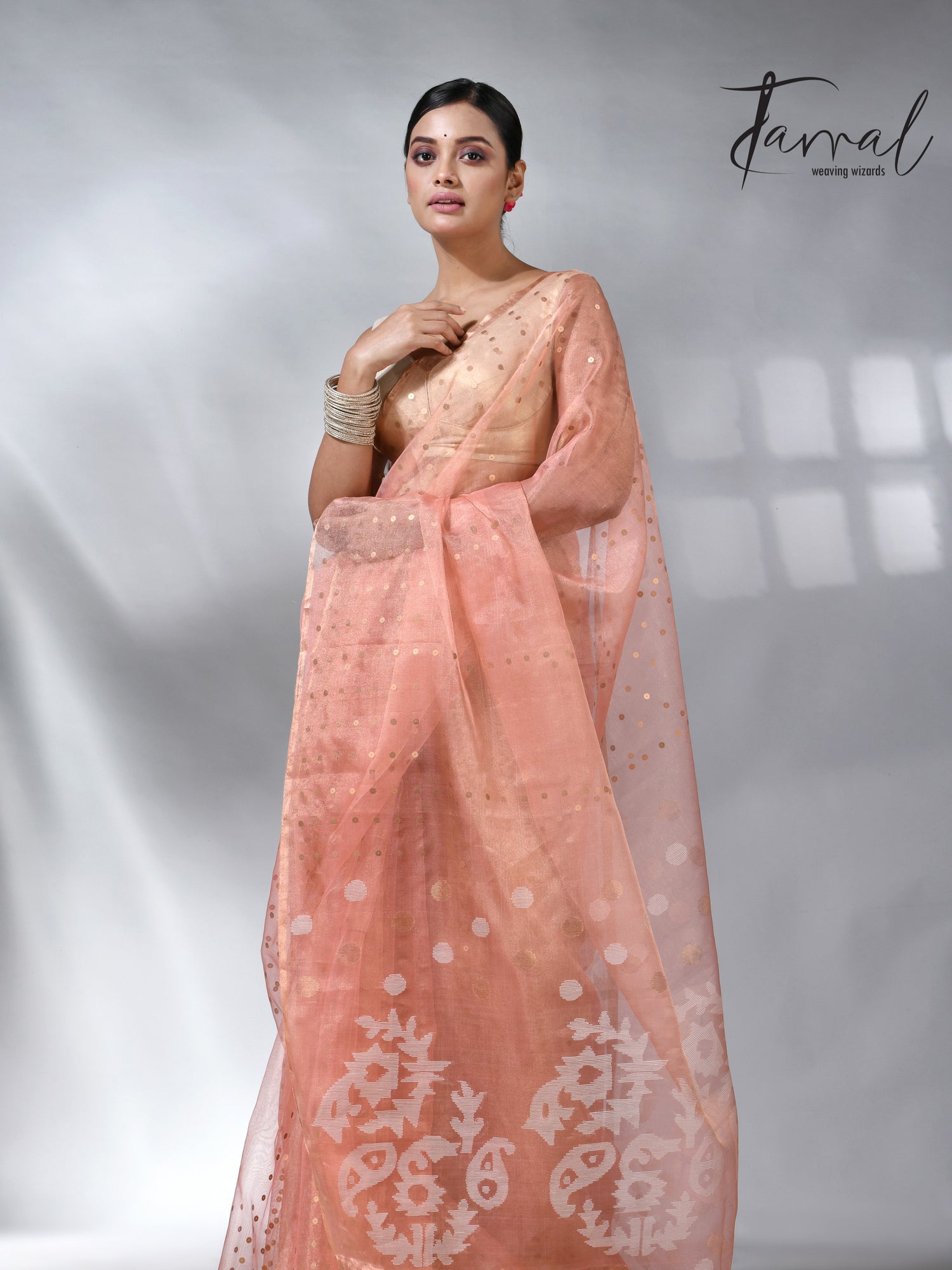 Peach colour sequins tissue muslin handwoven jamdani saree