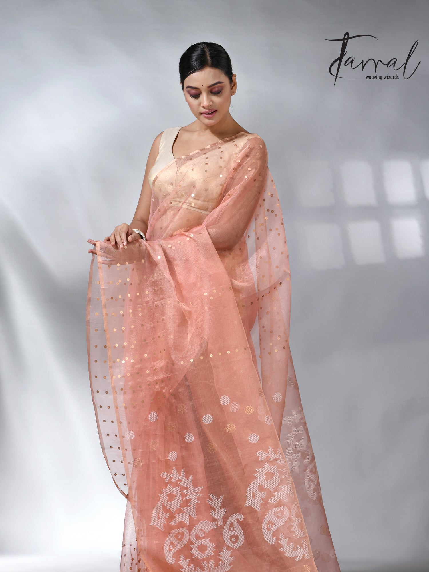 Peach colour sequins tissue muslin handwoven jamdani saree