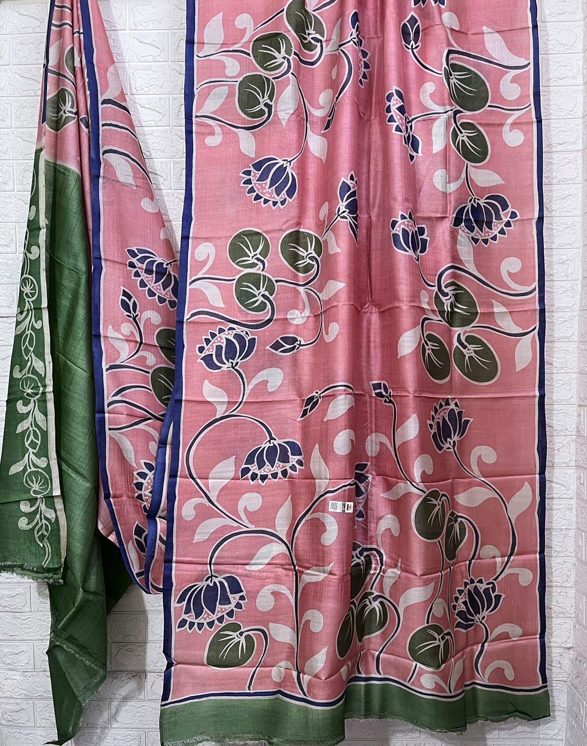 Peach with Green border & lotus design Tusser Batik Sik saree