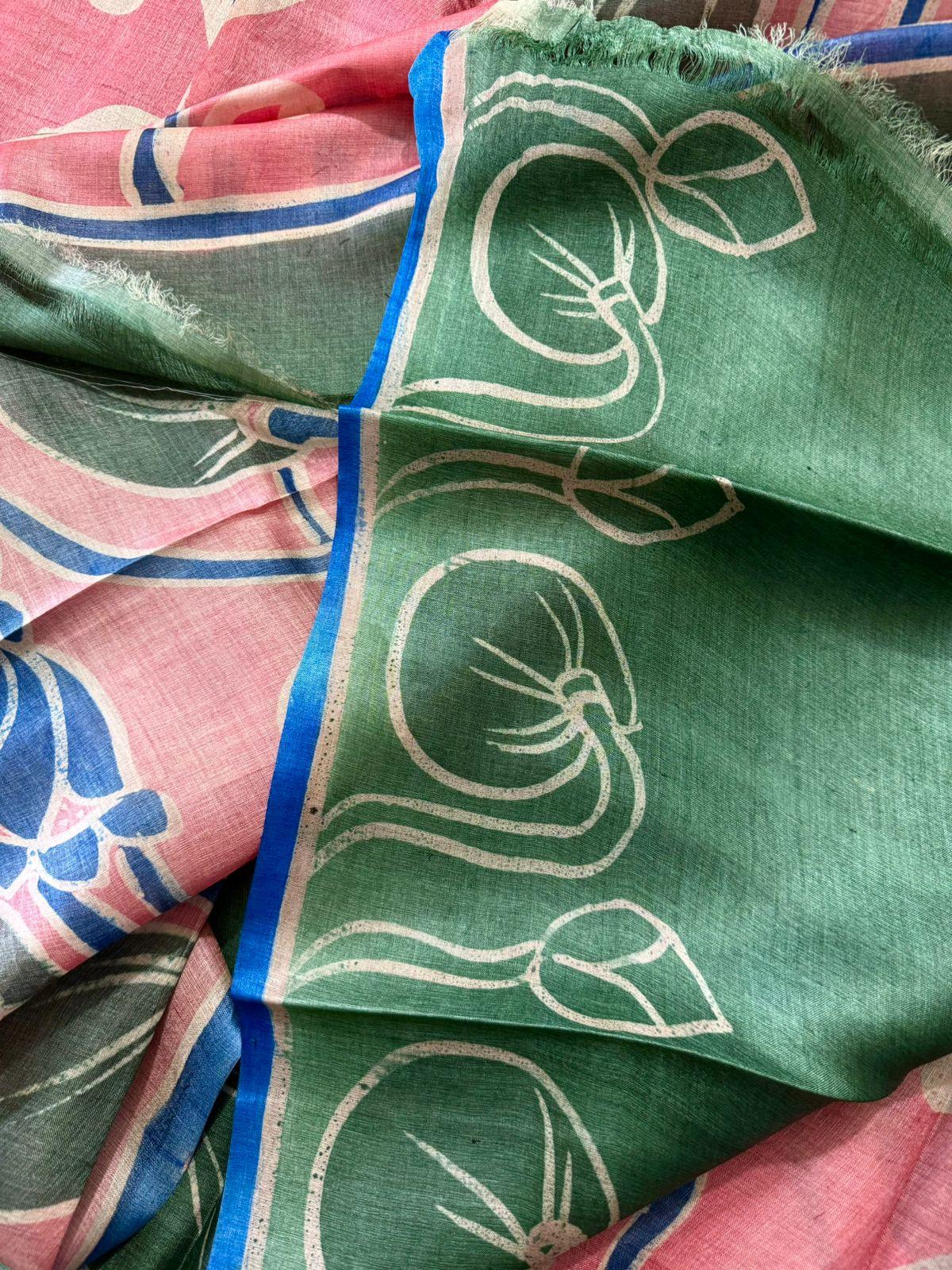 Peach with Green border & lotus design Tusser Batik Sik saree