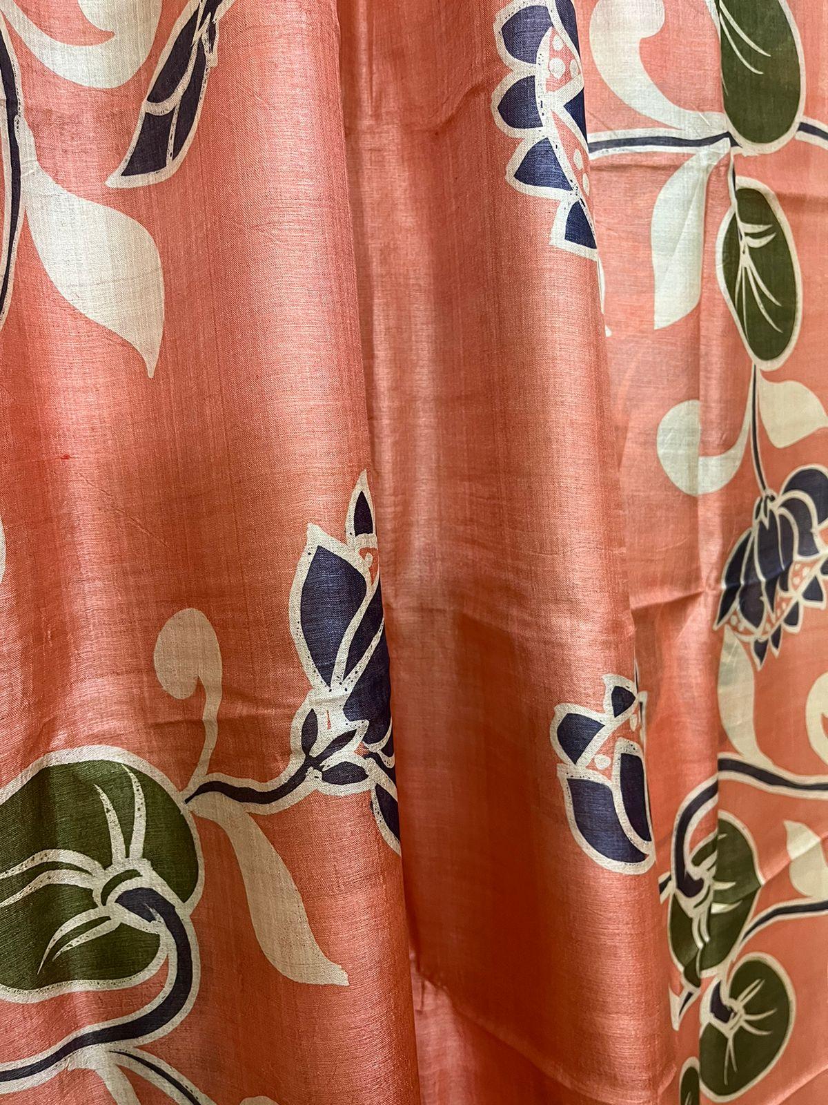 Peach with blue border lotus hand painted tussar silk saree - Tamal Boutique