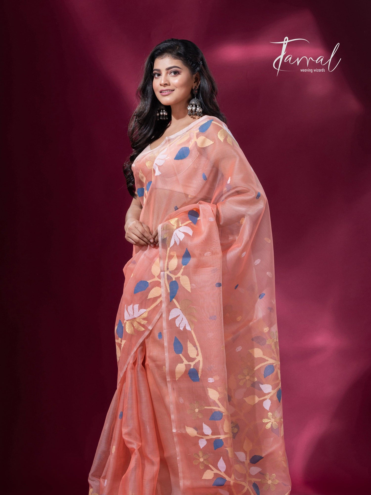 Peach with floral border muslin silk handwoven jamdani saree