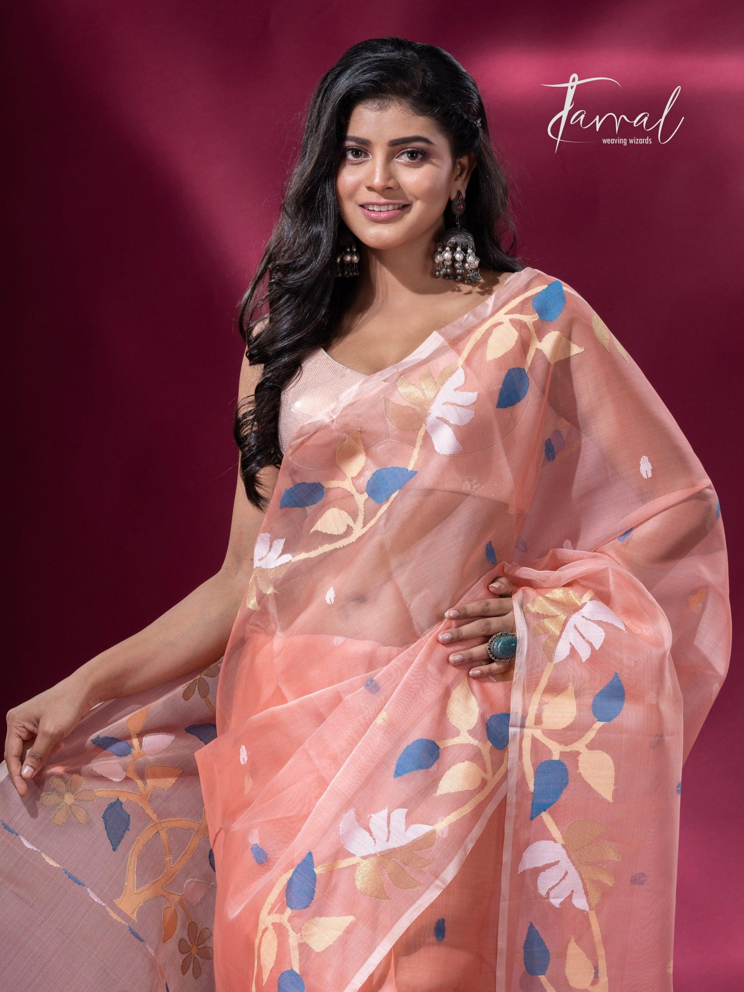 Peach with floral border muslin silk handwoven jamdani saree cls