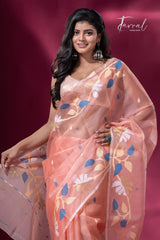 Peach with floral border muslin silk handwoven jamdani saree cls