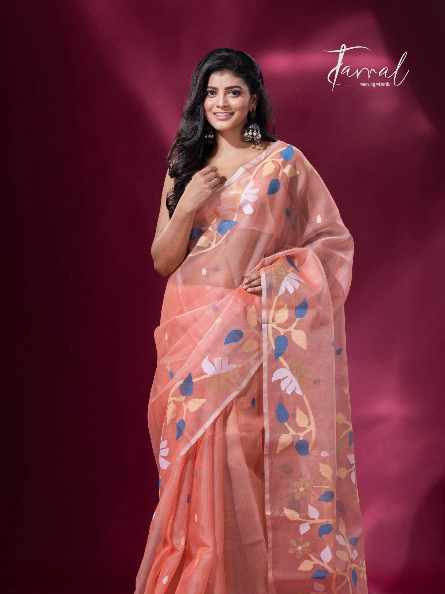 Peach with floral border muslin silk handwoven jamdani saree full3